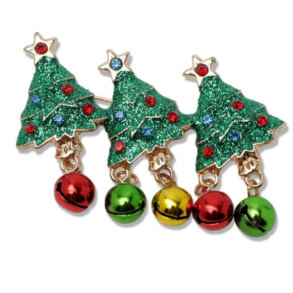 Christmas Tree Metal Brooch Holidays Festive Bells Green Red Gold Yellow NEW - Picture 4 of 7